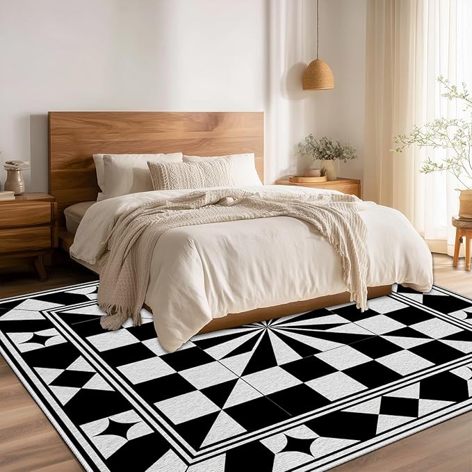 Black and White Checkered Rug, Checkered Rug, Modern Geometric Pattern Carpet, Retro Machine Washable Non Slip Area Rugs, Contemporary Rugs for Living Room/Bedroom 7x9