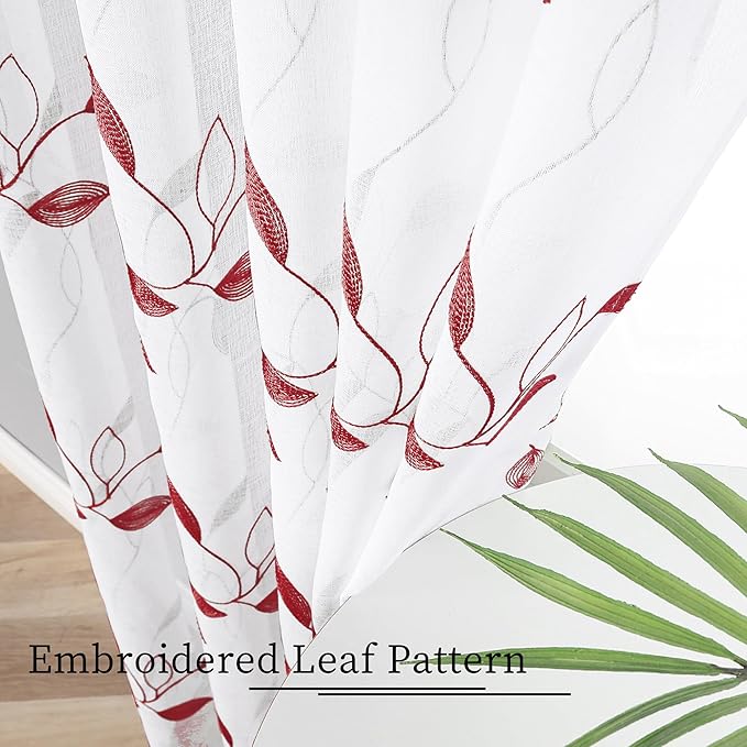 Tollpiz Burgundy Red Leaf Sheer Curtain Leaves Embroidered Living Room Curtains Rod Pocket Voile Window Treatment for Bedroom, 54 x 72 inches Long, Set of 2 Panels