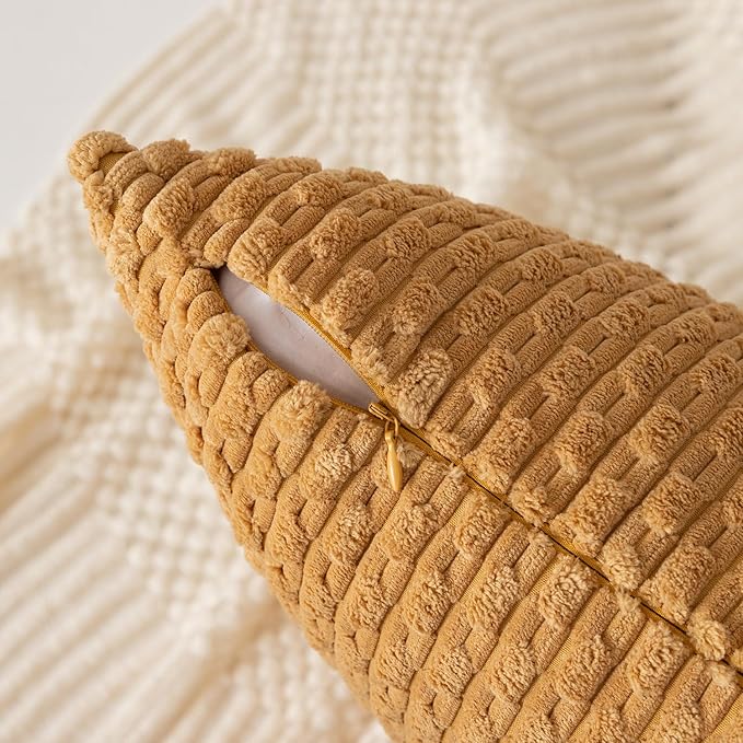 Kevin Textile Throw Pillow Covers Soft Corduroy Decorative Set of 2 Boho Striped Pillow Covers Pillowcases Farmhouse Home Decor for Couch Bed Sofa Living Room 22x22 Inch Gold