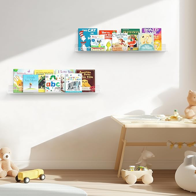 HBlife 24 Inches Invisible Wall Floating Bookshelf for Kids and Nursery, 16 Inch Stud Spacing Clear Acrylic Shelves for Figures, 3 Pack (5MM Thick)