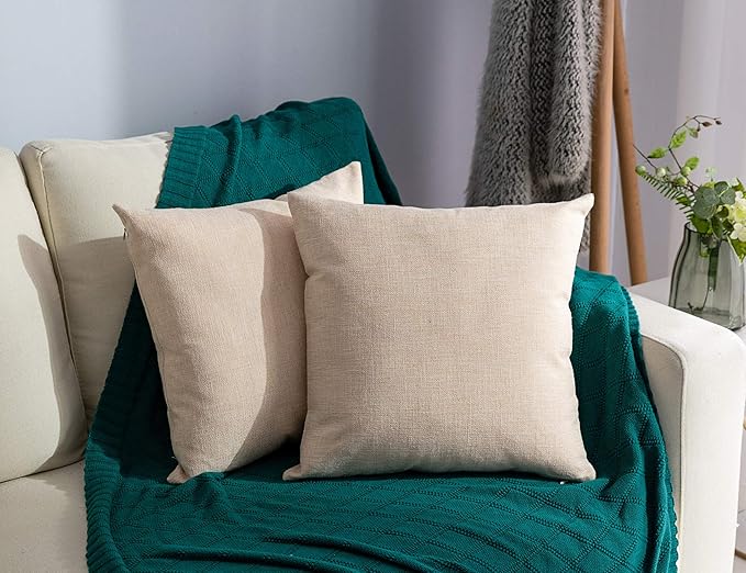 Stellhome Linen Throw Pillow Covers Square Solid Burlap Cushion Covers for Bed Couch Sofa Bench, 16 x 16 inch (40 cm), Beige, Set of 2