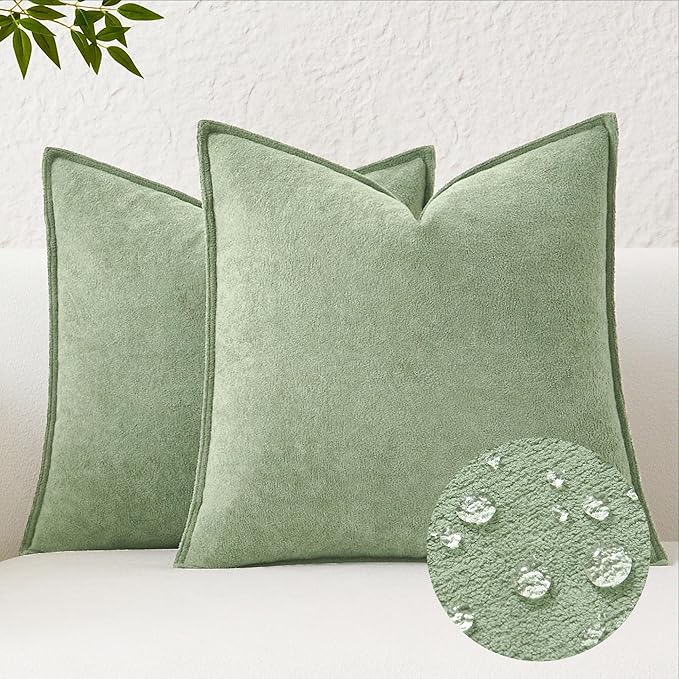 Kevin Textile Spring Waterproof Decorative Pillow Covers Sage Green 26x26 Inch Pack of 2 Soft Boucle Textured Euro Pillowcases Elegant Accent Pillows for Couch Sofa Chair Bed Home Decor Indoor Outdoor