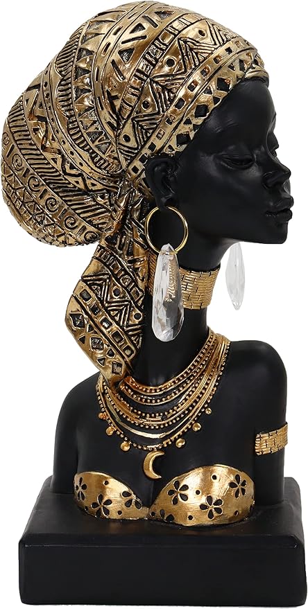 African Lady Bust Sculpture with Golden Headwrap – Resin Figurine with Earrings and Necklace, Modern African Woman Statue for Home Decor and Cultural Gift