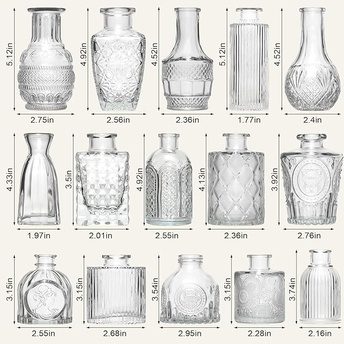 Arme 16Pcs Glass Bud Vase Set，Small Flower Vase for Centerpieces，Clear Bud Vases in Bulk， Mini Vintage Vase for Rustic Wedding Decorations