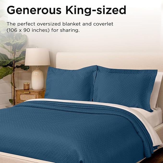 Threadmill Luxury Cotton Blankets for King Size Bed | All-Season Cozy 100% Cotton Blanket | Criss Cross Soft & Lightweight Coverlet fits California King Size Bed, 104x92 | Folkstone Blue
