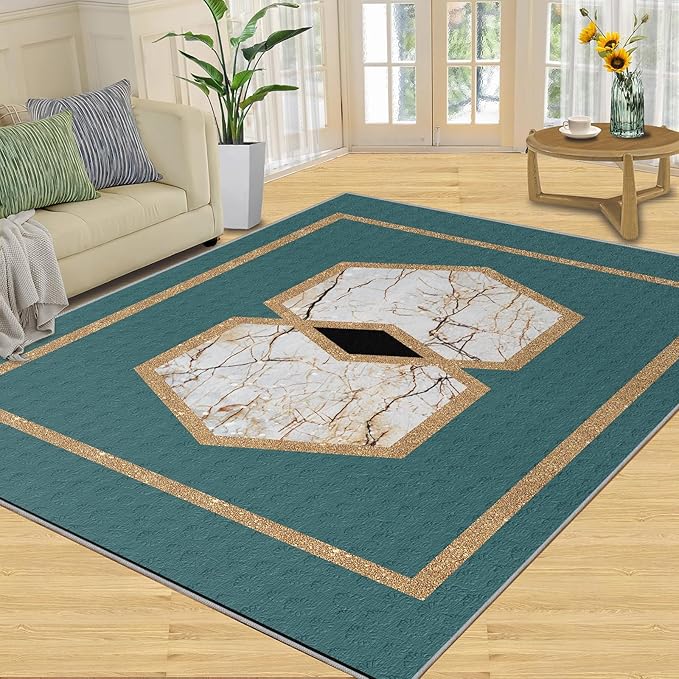 Jadeite Marble Area Rug Abstract Marble Texture Area Rugs for Living Room Light Luxury Stone Crack Carpet Gold Geometric Stripes Outdoor Carpet for Bedroom Living Room 5x6ft