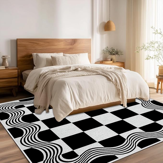 Checkered Area Rug, Checkerboard Rug, Geometric Plaid Washable Rugs, Modern Checkered Area Rugs, Wavy Line Carpet Non Slip for Bedroom Retro Home Decor Mat 5x6