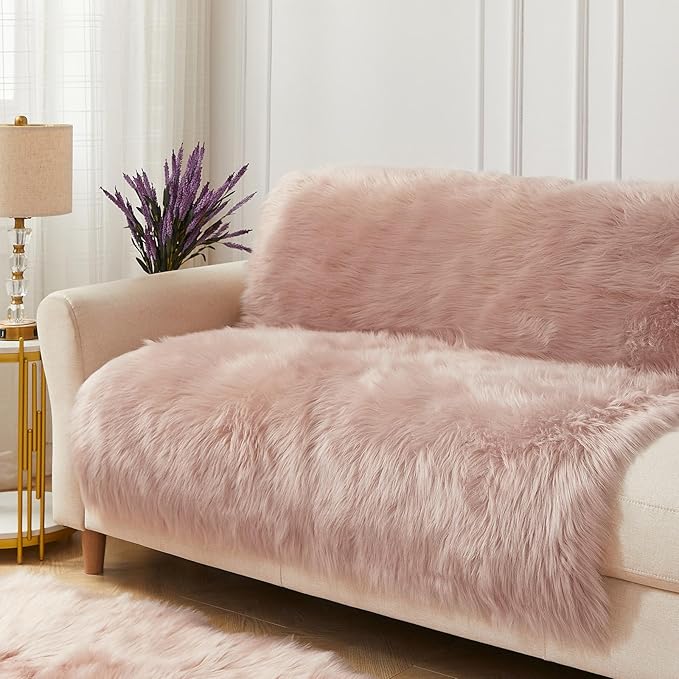 AMTOVO Faux Fur Sheepskin Rug for Living Room, 4 x 6 ft Pink Fluffy Area Rug for Bedroom, Playroom, Luxury Room Decor, Rectangle
