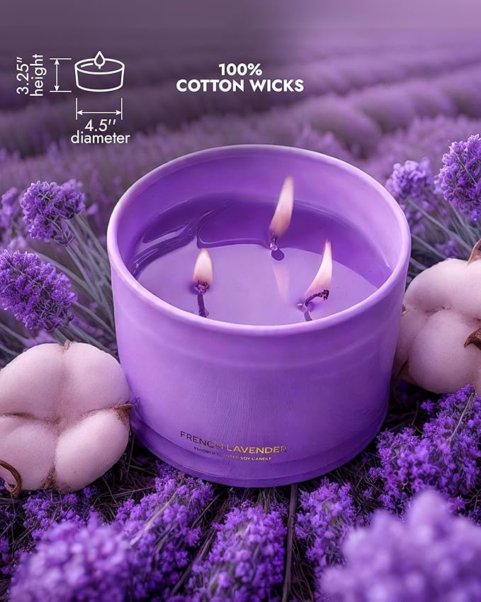 96NORTH Luxury Lavender Soy Candle | Large 3 Wick Jar Candle | Up to 50 Hours Burning Time | 100% Natural Soy Wax | Relaxing Aromatherapy Aesthetic Candle | Housewarming Gift for Women and Men