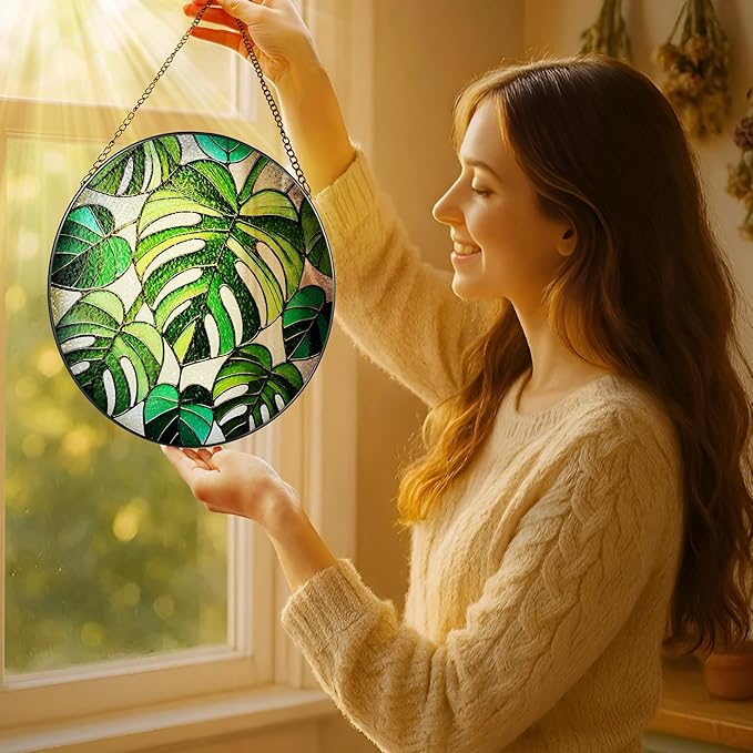 Stained Glass Window Hanging, 8 Inch Monstera Plant Stained Glass Suncatcher, Plant Sun Catcher, Plant Lover Decor, Plant Lover Gifts, Mother's Day, Birthday, Housewarming, Christmas, Festival Gifts