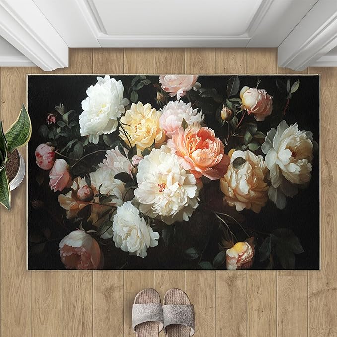 Flowers 3x4 Area Rugs for Living Room Peony Washable Rug Rustic Flowers Rug Non Slip Low Pile Soft Area Rugs for Bedroom Bedside Dining Room Kids