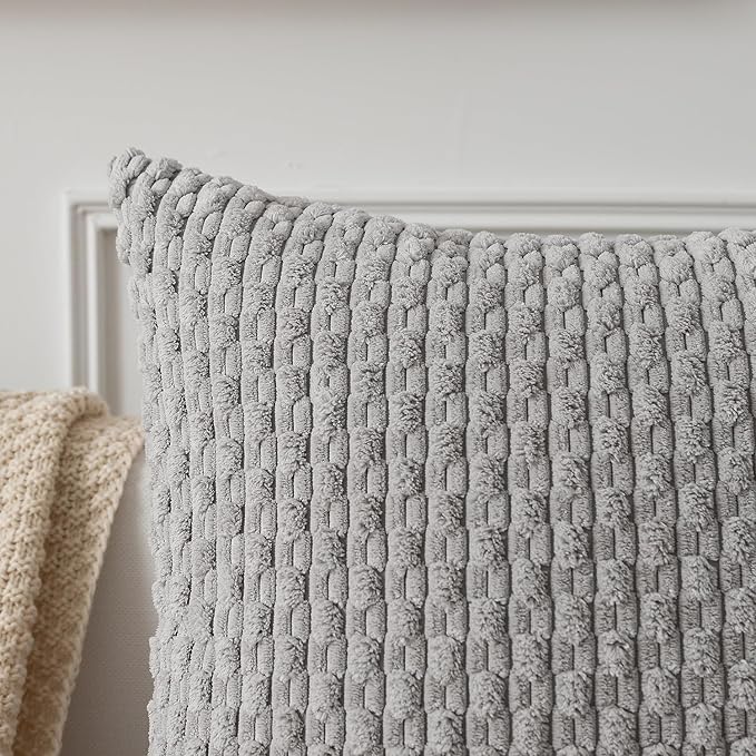 Kevin Textile Set of 2 Decorative Pillows Covers for Couch Striped Boho Velvet Sofa Pillow Covers 40x40cm 16 x 16 Inch Light Grey