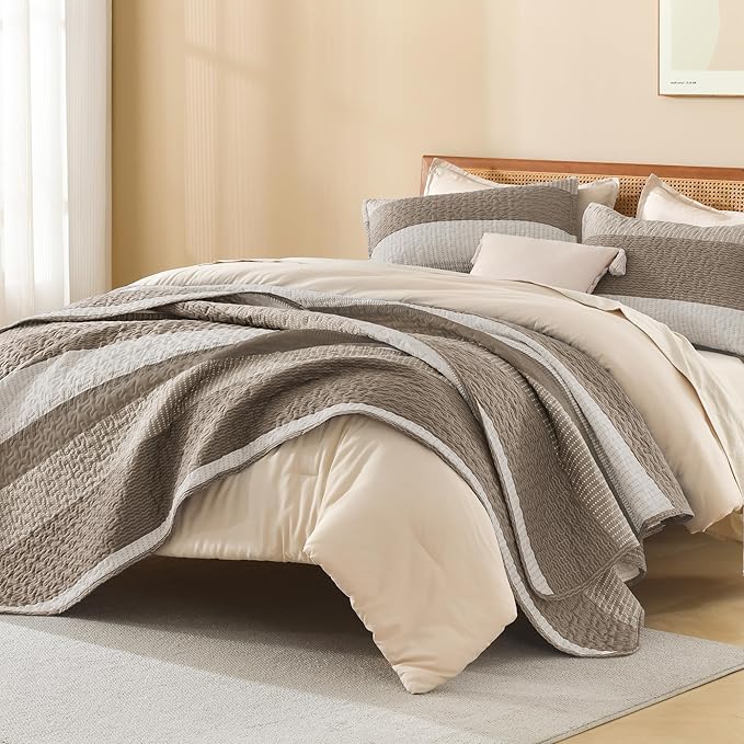 Litanika Quilt Queen Size Hazel, Stripe Patchwork Summer Bedspread Coverlet 3 Pieces, Soft Lightweight Microfiber Quilted Bedding Set for All Season(1 Quilt, 2 Pillowcases)