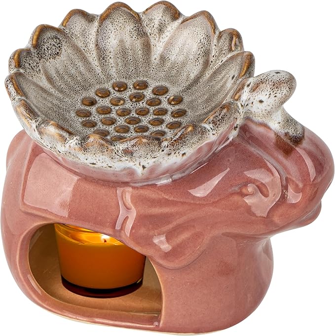 Elephant Oil Burner, Elephant Ceramic Oil Warmers, Retro Decorative Aroma Furnace Creative Gift Box, Furnace Household Burner Lotus Tea Light Rack Decorative Gift (Pink)