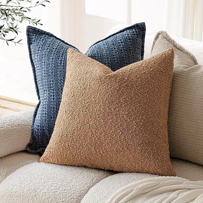Foindtower Textured Boucle Throw Pillow Covers Accent Solid Pillow Cases Cozy Soft Decorative Couch Cushion Case for Chair Sofa Bedroom Living Room Home Decor, 18 x 18 Inch,Tobacco