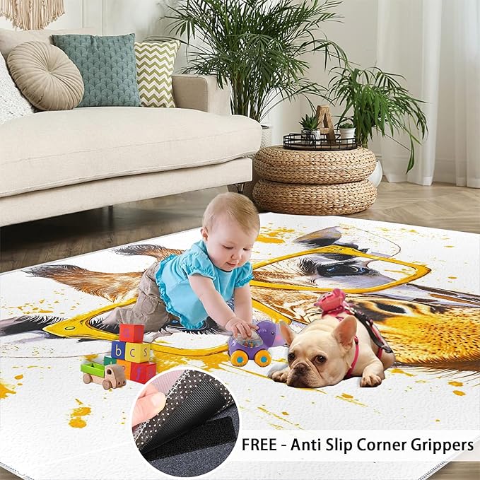 Giraffe 5x7 Area Rugs for Living Room, Funny Animals Washable Non Slip Rugs, Pop Art Low Pile Print Rug for Bedroom, Dining Room, Home Office