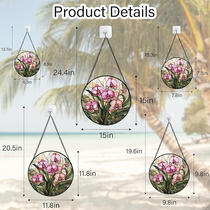 Stained Glass Window Hanging - Pink Phalaenopsis Orchid Green Leaves Sun Catcher for Door Home Decor Flower Suncatcher Christmas Mother's Day Birthday Gifts for Women Men Mom Nana 9.8 in