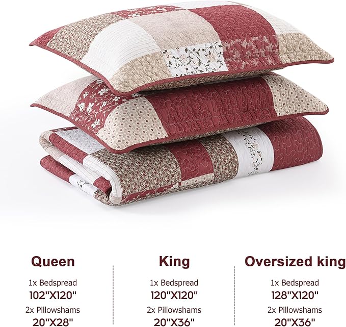 100% Cotton Oversized King Bedspread 128"x120" - Lightweight French Vintage Country Quilt - 3 Piece Super King Bedspreads Coverlet Set - Reversible Plaid Floral Bedding in Burgundy/Beige/Taupe/White