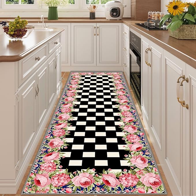 Checkered Floral Design Runner Rug for Entryway, 2x10ft, Pink Rose Luxury Fall Decor Area Carpets for Bedroom, Absorbent Machine Washable Shed Resistant Non-Slip Throw Rugs for Entry