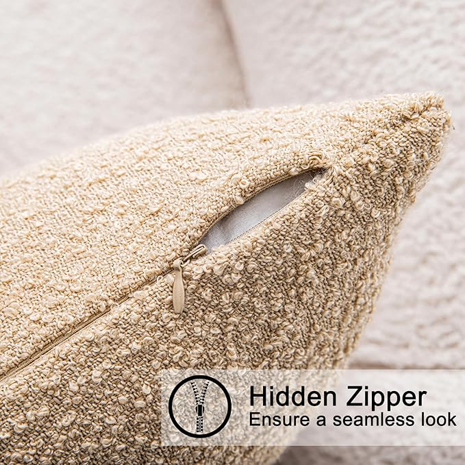 20"x20" Khaki Boucle Throw Pillow Covers with Faux Leather Accents Set of 2 Fluffy Textured Decorative Pillow Cases for Couch Bed Boho Farmhouse Square Cushion Covers for Nordic Home Décor