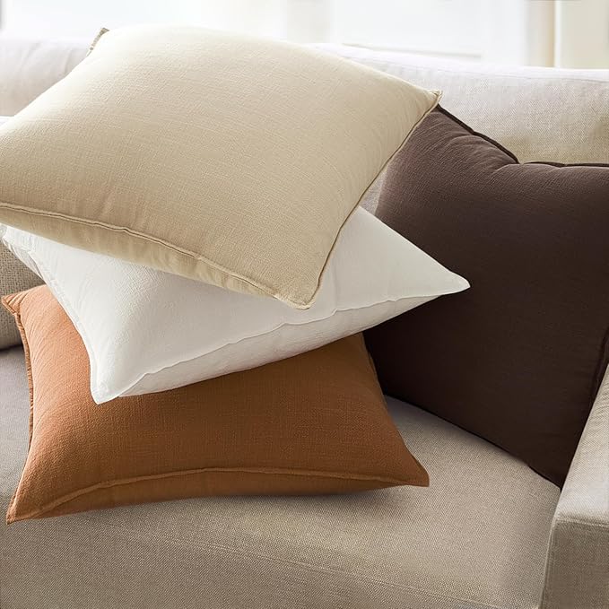 Neutral Brown Linen Pillow Covers Pack of 4 Decorative Natural Solid Throw Pillow Covers Soft Accent Boho Farmhouse Couch Pillowcases Modern Home Decors for Living Room Bed Sofa 18x18 Inch