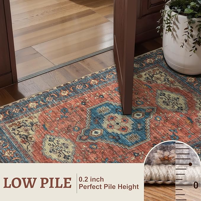 Tangsoo 2x5 Washable Runner Rug for Hallways, Non Slip Vintage Runner Rug, Soft Low Pile Long Rug Runner, Print Distressed Carpet Runners for Kitchen Bedroom Entryway Bathroom Living Room Terracotta