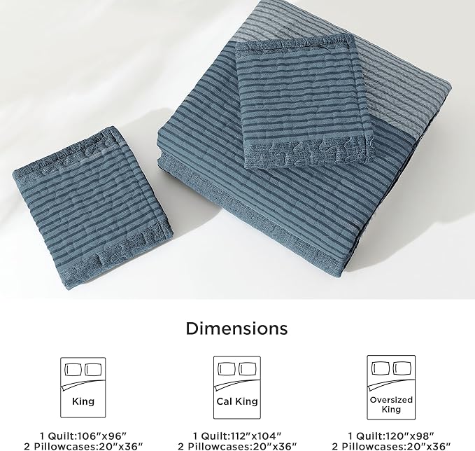 Litanika Oversized King Quilt Set Blue Linen, 120x98 Stripe Bedspread Coverlet 3 Pieces, Blue Linen Lightweight Quilted Bedding Set for All Season(Oversized King-1 Quilt, 2 Pillowcases)