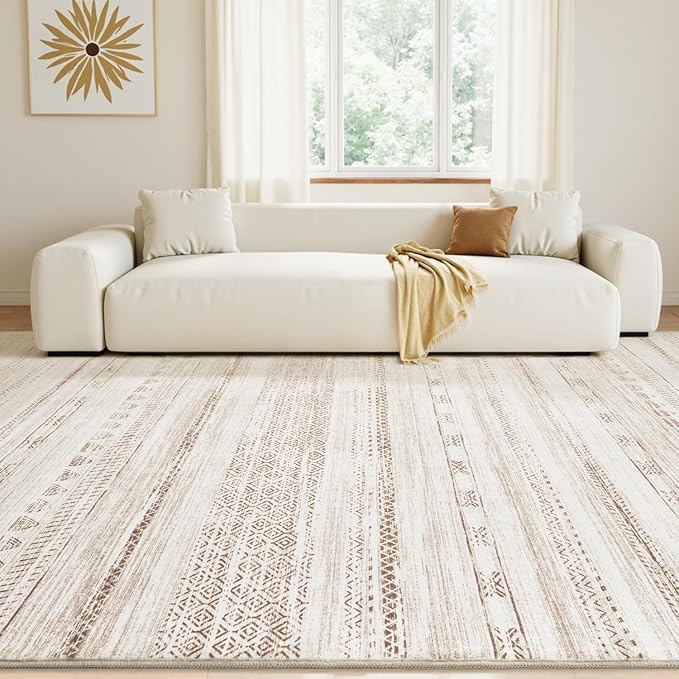 8x10 Area Rugs for Living Room Machine Washable Rug Distressed Indoor Carpet Neutral Moroccan Boho Rug Ultra Soft Area Rug for Bedroom Dining Room Playroom Office, Light Brown