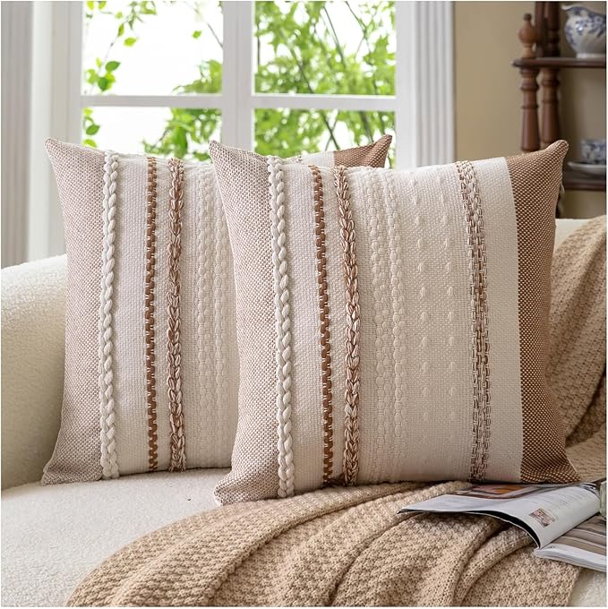 Boho Throw Pillow Covers 18x18 Inch Set of 2, Brown Textured Decorative Couch Pillow Cases for Farmhouse Home Decor, Accent Cushion Cover for Sofa, Bed, Living Room, Bedroom