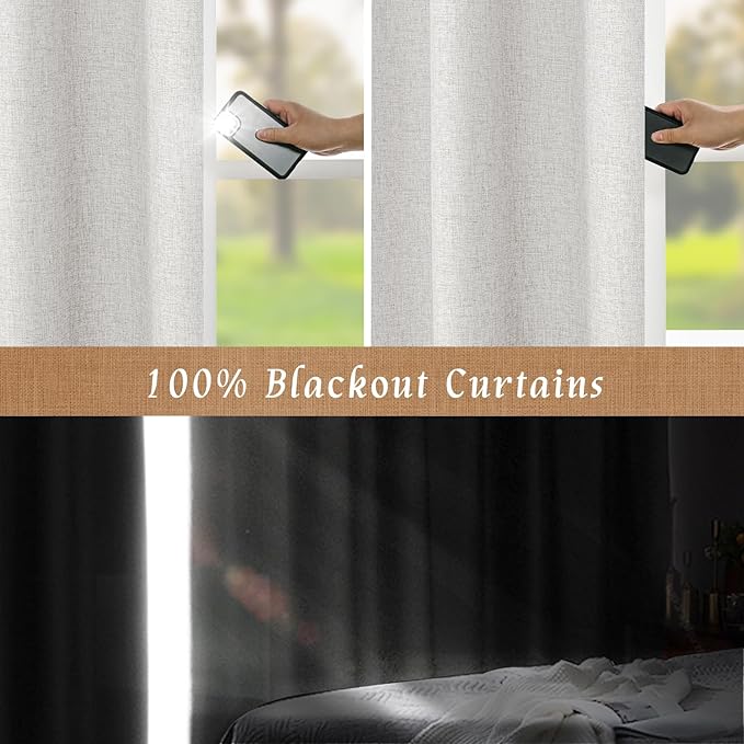 LAMIT Light Grey 100% Blackout Linen Curtains, 63 Inches Linen Textured Thermal Bedroom Curtains Back Tab and Rod Pocket Burlap Panels with White Liner for Farmhouse, 2 Panels, 52 x 63 Inch