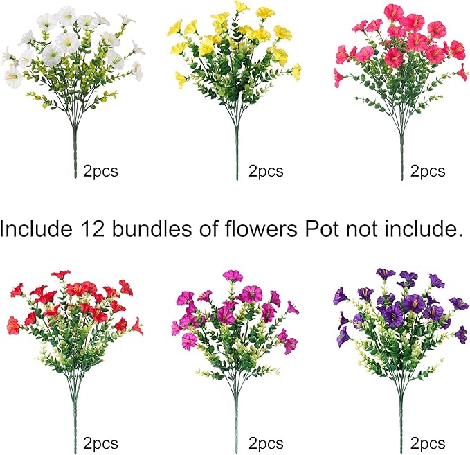 HyeFlora Artificial Flowers for Outdoors Fake Plants Outside Decoration, 12 Bundles Silk Colorful Morning Glory with Eucalyptus UV Resistant Realistic Faux Flowers for Planter Porch Patio Yard Garden