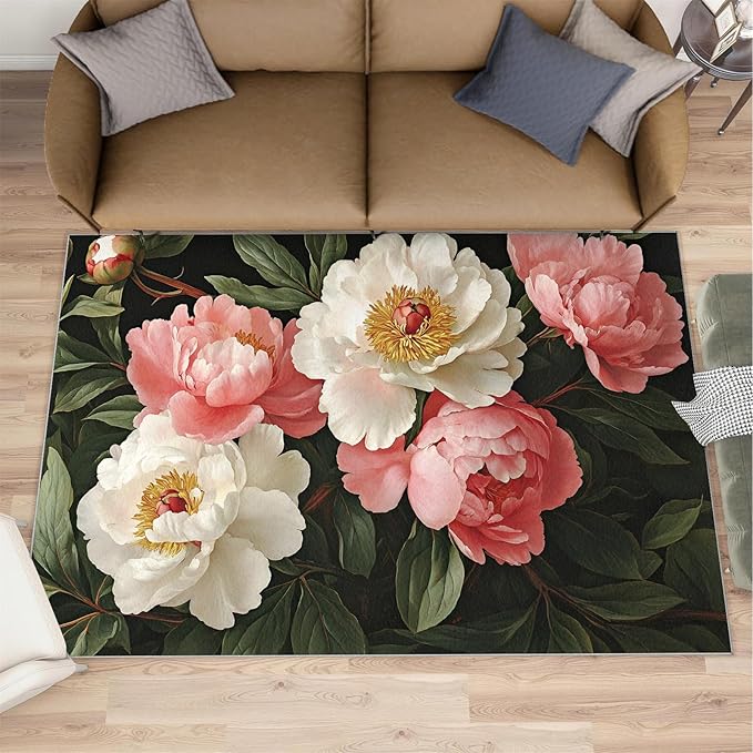 Rustic Flowers Washable Area Rug 2x3, Peony Soft Rugs for Living Room Petals Carpet Area Rugs for Bedroom Dining Room Non-Slip Stain Resistant Rug