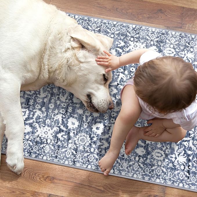 Hallway Runner Rug, Light Blue White Washable Runner Rug 2x8 Vintage Floral Kitchen Rug Runner Non Slip Thin Printed Faux Wool Super Soft Carpet for Entryway Bedroom Laundry Room Indoor