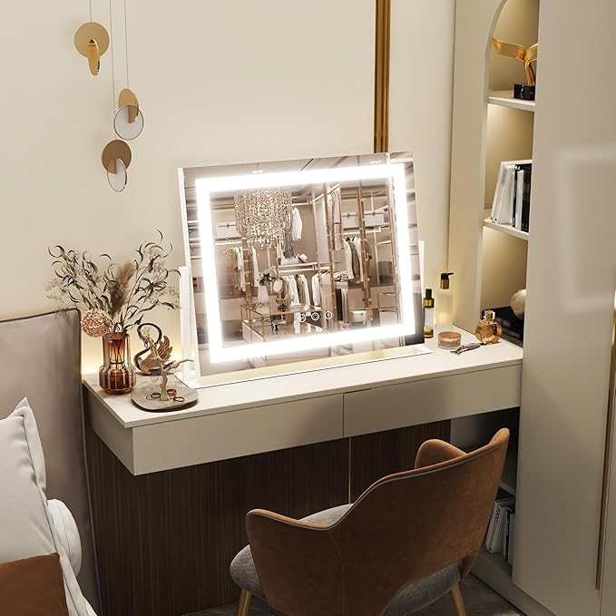 FENNIO Vanity Mirror with Lights 22''x18'' Makeup Mirror with Lights,Lighted Makeup Mirror with 10X Magnification and USB，Smart Touch Screen with 3-Color Lighting,Dimmable（Square White）