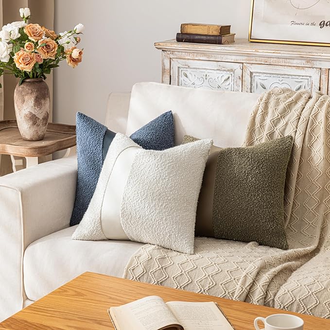 20"x20" White Boucle Throw Pillow Covers with Faux Leather Accents Set of 2 Fluffy Textured Decorative Pillow Cases for Couch Bed Boho Farmhouse Square Cushion Covers for Nordic Home Décor