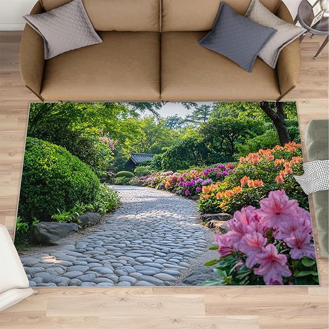Japanese Gardens Washable Area Rugs 5x6 Non-Slip Garden Art Living Room Rug Eastern Aesthetics Soft for Carpet Low Pile Indoor Door Mat & Room Decor