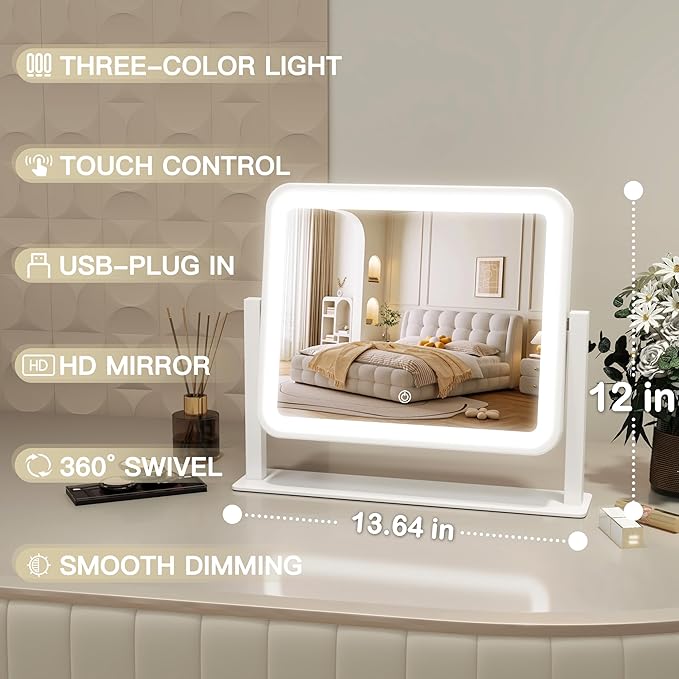 ROLOVE Vanity Mirror with Lights, 14"×12" LED Makeup Mirror, Lighted Makeup Mirror with Lights, Smart Touch Control 3 Colors Dimmable, Lighted Up Mirror for Makeup Desk, Bedroom, Women Gift