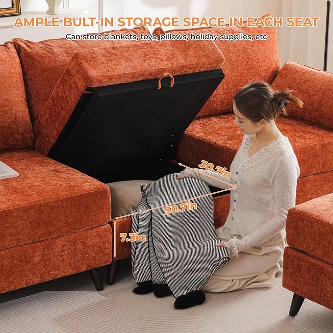 135'' Modular Sectional Sofa with Seats Storage, Oversized U Shaped Couch for Living Room,4-Seater Comfy Cloud Couches with Deep Seat,Movable Ottoman,2 Throw Pillow,Chenille,Orange