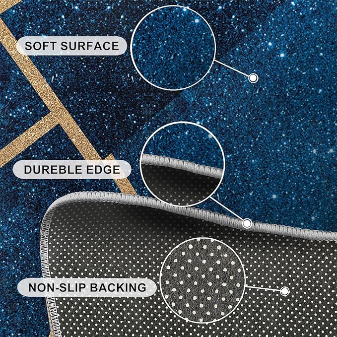 Abstract Marble Rug Navy Blue Marble Area Rug Blue Starry Geometric Area Rugs Gold Lined Geometric Shapes Rugs Modern Minimalist Carpet for Living Room Bedroom 8x10ft