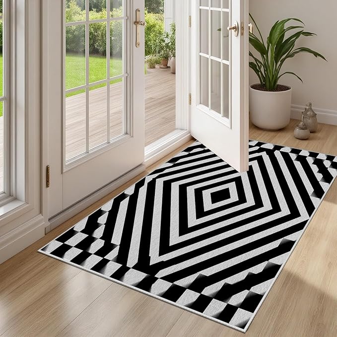 Black and White Rug 2x3, Checkered Soft Thin Indoor Floor Mats Carpet, Non-Slip Stain Resistant Washable Rugs, Modern Rhombus Geometric Rugs for Living Room, Farmhouse Rug