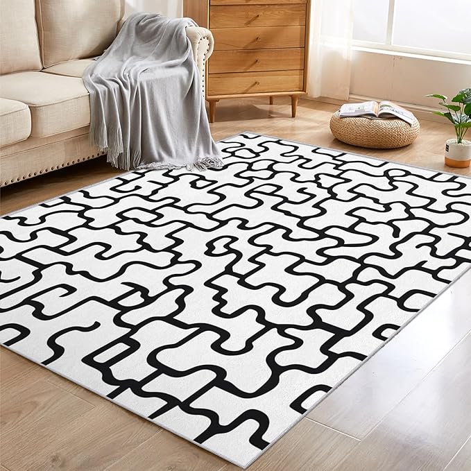 Abstract Geometric Rugs for Home Decor, 5x6 ft, Black and White Labyrinth Area Rugs for Living Room, Soft Non Slip Washable Modern Abstract Line Carpet Bedroom Decorations Dt-Ghf-31