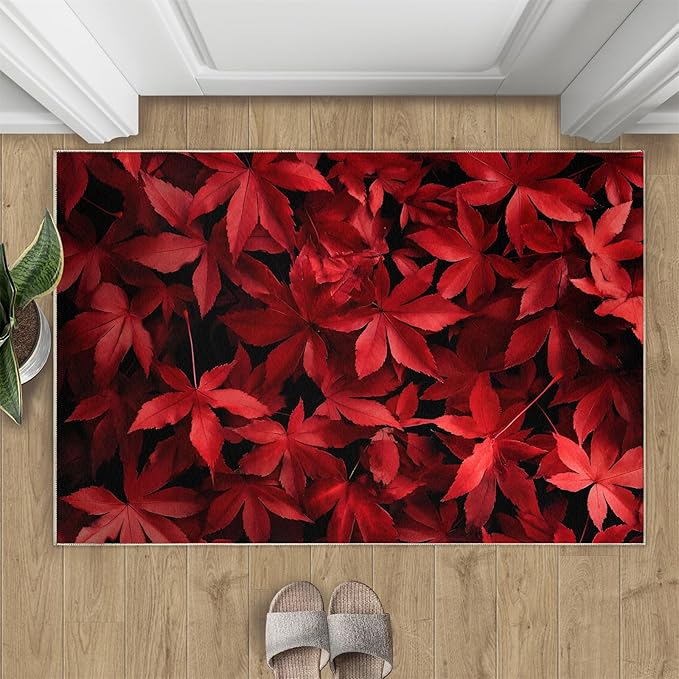 Maple Leaves Living Room Rugs, Red Leaves Area Rugs 3x5 Rug Canada Maple Leaf Non-Slip Washable Rugs Stain Resistant Rug Low-Pile Throw Rug for Bedroom Dining Room Office