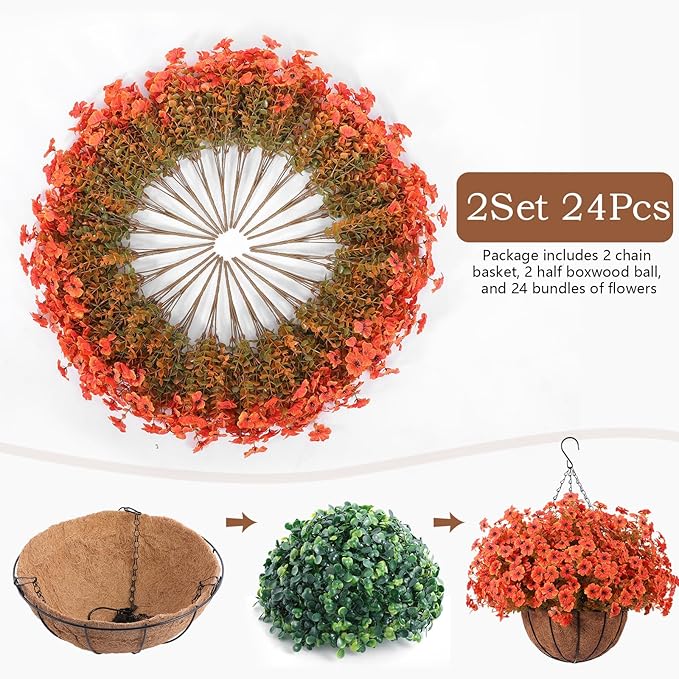 Hananona 24 Pcs Artficial Outdoor Flowers with Hanging Baskets, Orange Fall mums 2 Pack Hanging Planter with Outdoor Fall Flowers for Autumn Porch Garden and Home Patio Yard Decor (2, Orange)