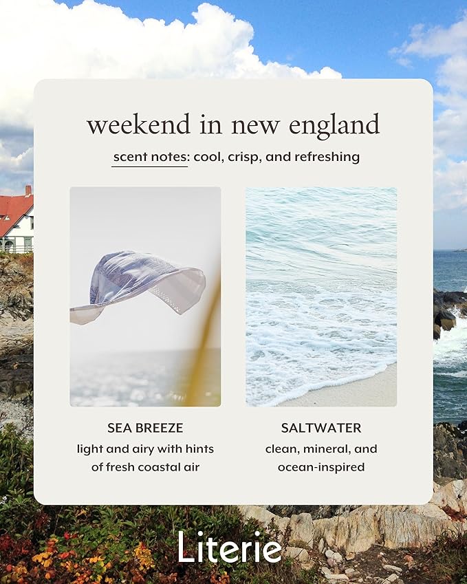 Literie NYC Inspired Scented Candle: Weekend in New England - Sea Breeze & Saltwater Scent, 9oz, 50 Hour Burn, Vegan Soy & Coconut Blend Candle for Home Decor, Gift for Women & Men