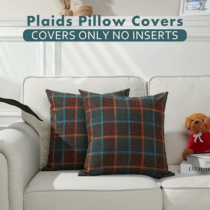 Stellhome Pack of 2 Faux Linen Buffalo Check Throw Pillow Covers, Farmhouse Plaid Decorative Cushion Covers for Couch Sofa Living Room, 24x24 Inch, Blue and Orange