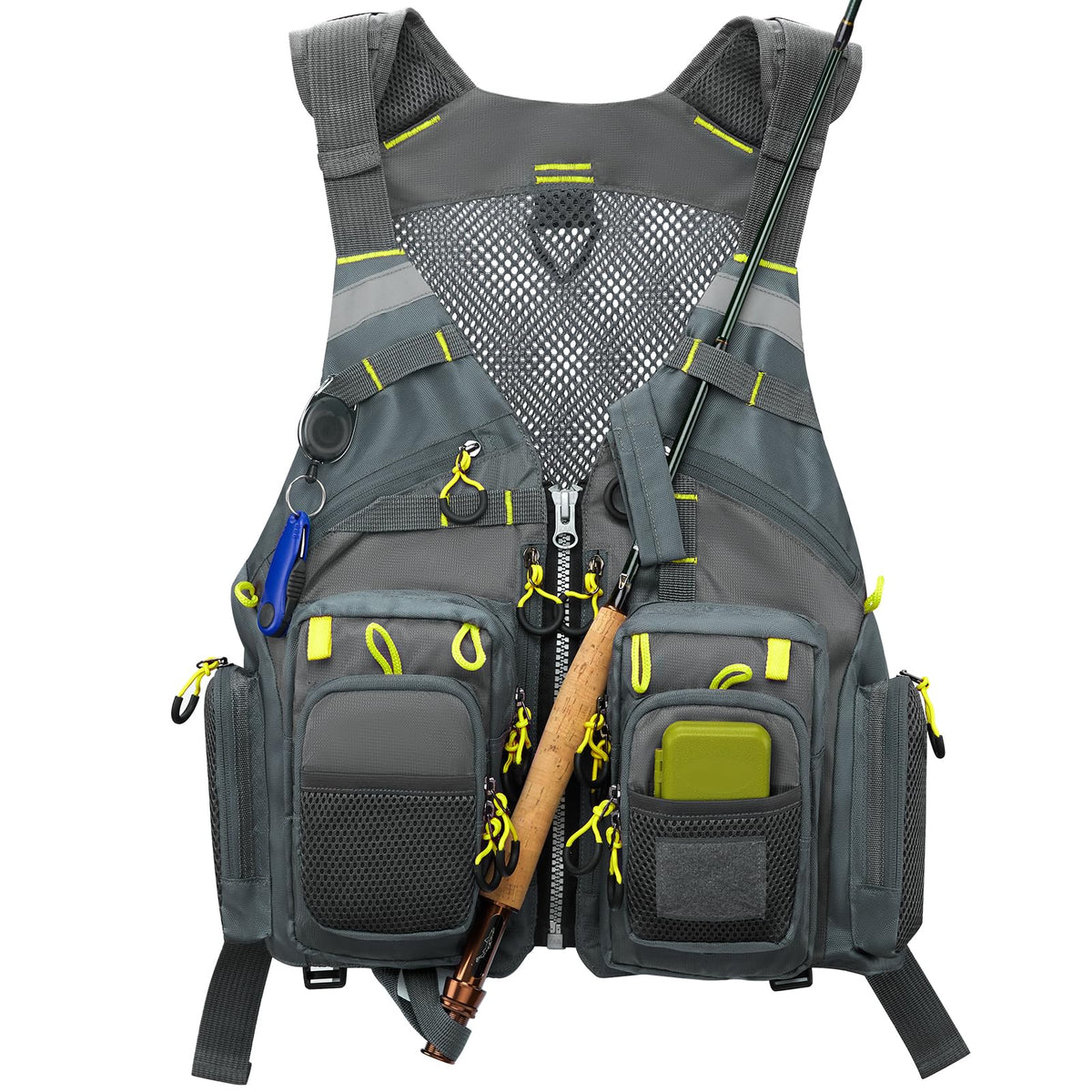 Gonex Fly Fishing Vest for Men Women, Comfortable Adjustable Fishing Vest with Multi-Pockets Reflective Stripes, Gray+Yellow