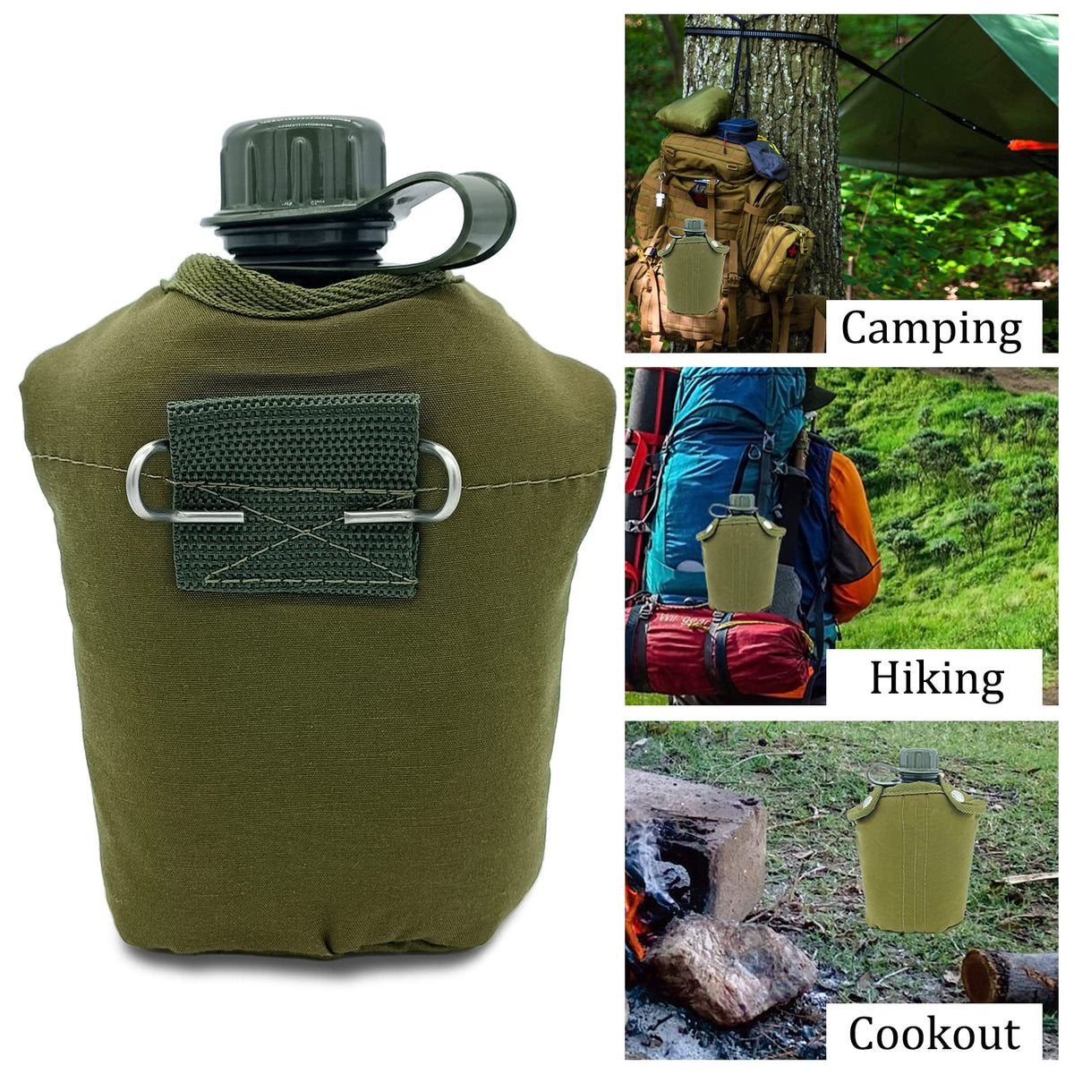 Plastic Military Canteen, 1 Quart Portable Army Water Bottle with Cup Sleeves and Waist Belt for Hiking Camping Climbing and Most Outdoor Activities