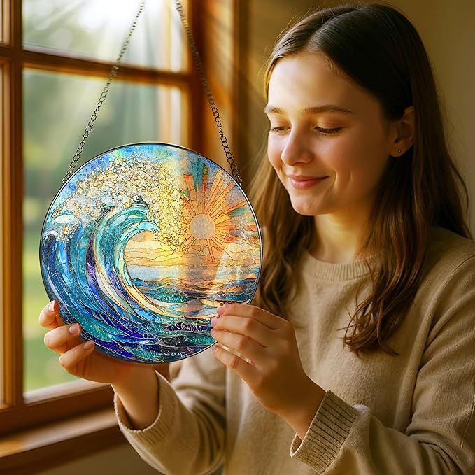 Sea Wave Stained Glass Suncatcher, 8 Inch Ocean Suncatchers for Window Hanging, Beach Lover Gifts, Beach Decor, Coastal Suncatcher, Gifts for Friends, Couples, Family, Colleagues