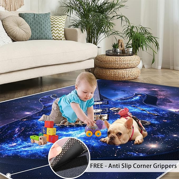 Guitar 6x8 Area Rugs for Living Room -Musical Instruments Washable Rug Starry Sky Non-Slip Carpet Indoor Floor Stain Resistant Thin Carpets for Bedroom Dining Room Home Office