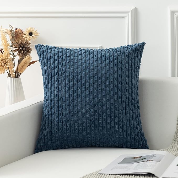 Kevin Textile 2 Packs Blue Decorative Throw Pillow Covers 22x22 Inch for Living Room Couch Bed Sofa Soft Striped Corduroy Square Cushion Case 55x55 cm Rustic Farmhouse Boho Home Decor